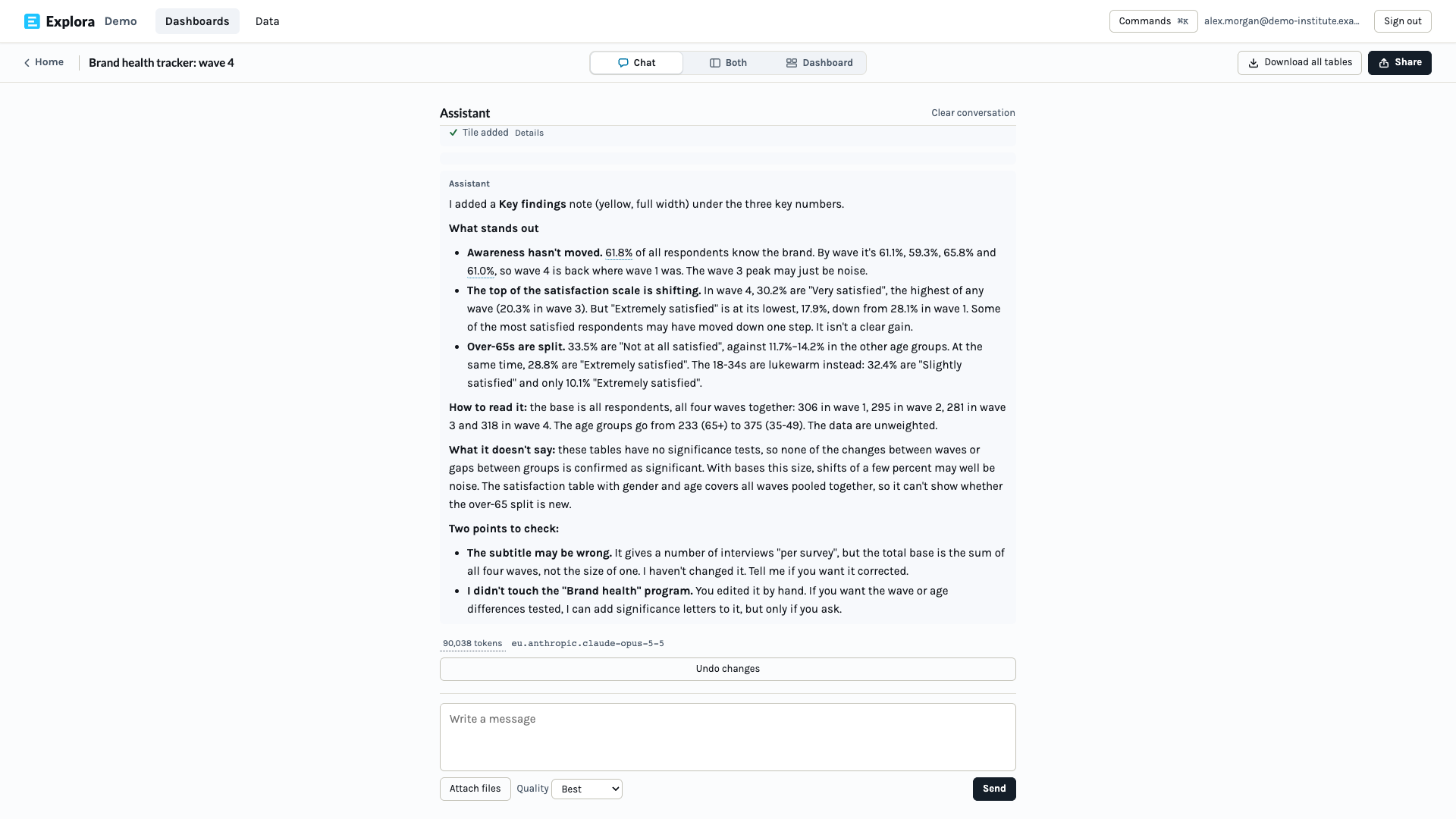Explora full-width chat view with the assistant's summary and a link to the dashboard