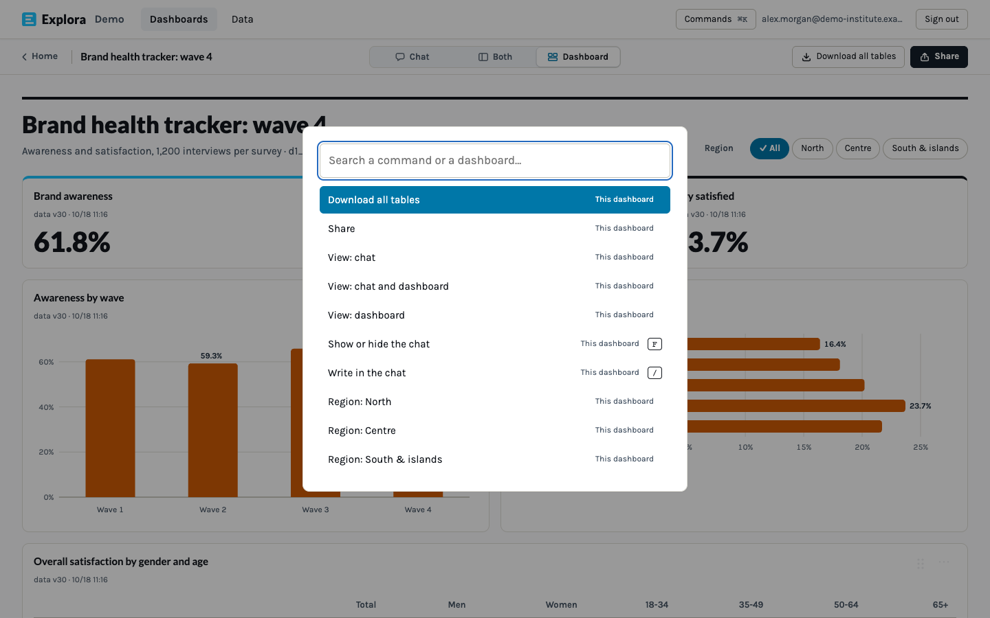 Explora command palette listing actions such as download all tables, share and filters