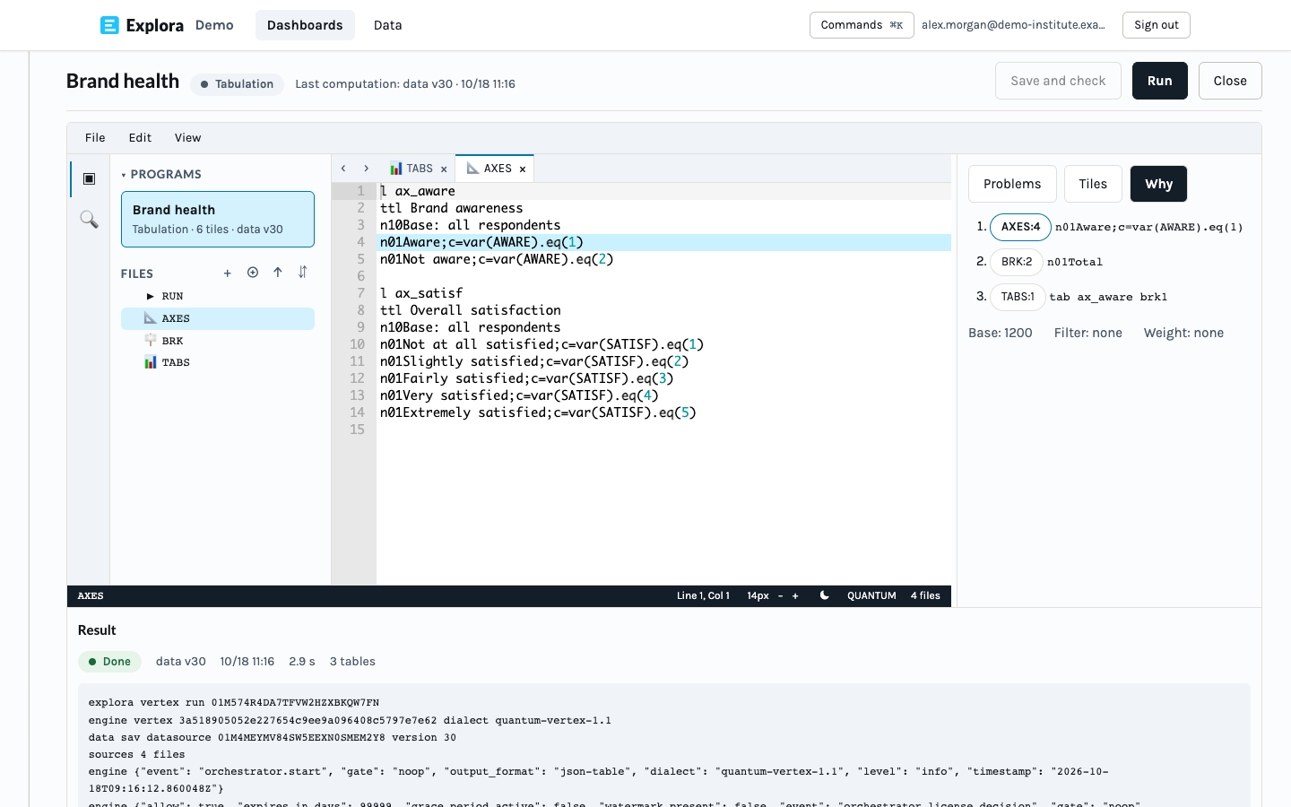 the Vertex Studio editor with axes definitions and the run control